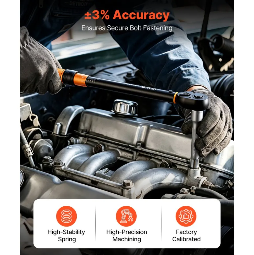 VEVOR Torque Wrench Set 1/4" 3/8" 1/2" Drive Click Torque Wrench 47-Piece, Dual Scale Readings, ±3% High Precision, with Spark Plug Sockets, Bits, Extension Bars, Storage Case, for Automotive Repair