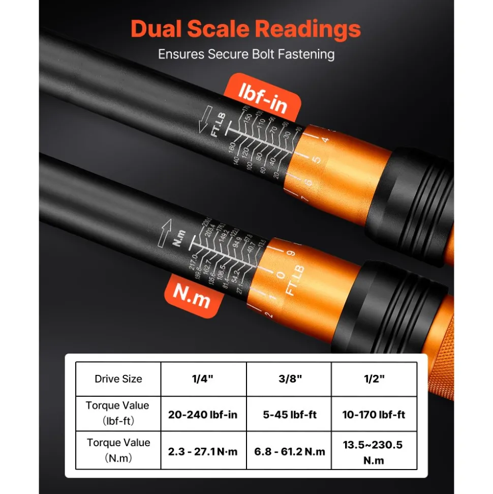VEVOR Torque Wrench Set 1/4" 3/8" 1/2" Drive Click Torque Wrench 47-Piece, Dual Scale Readings, ±3% High Precision, with Spark Plug Sockets, Bits, Extension Bars, Storage Case, for Automotive Repair