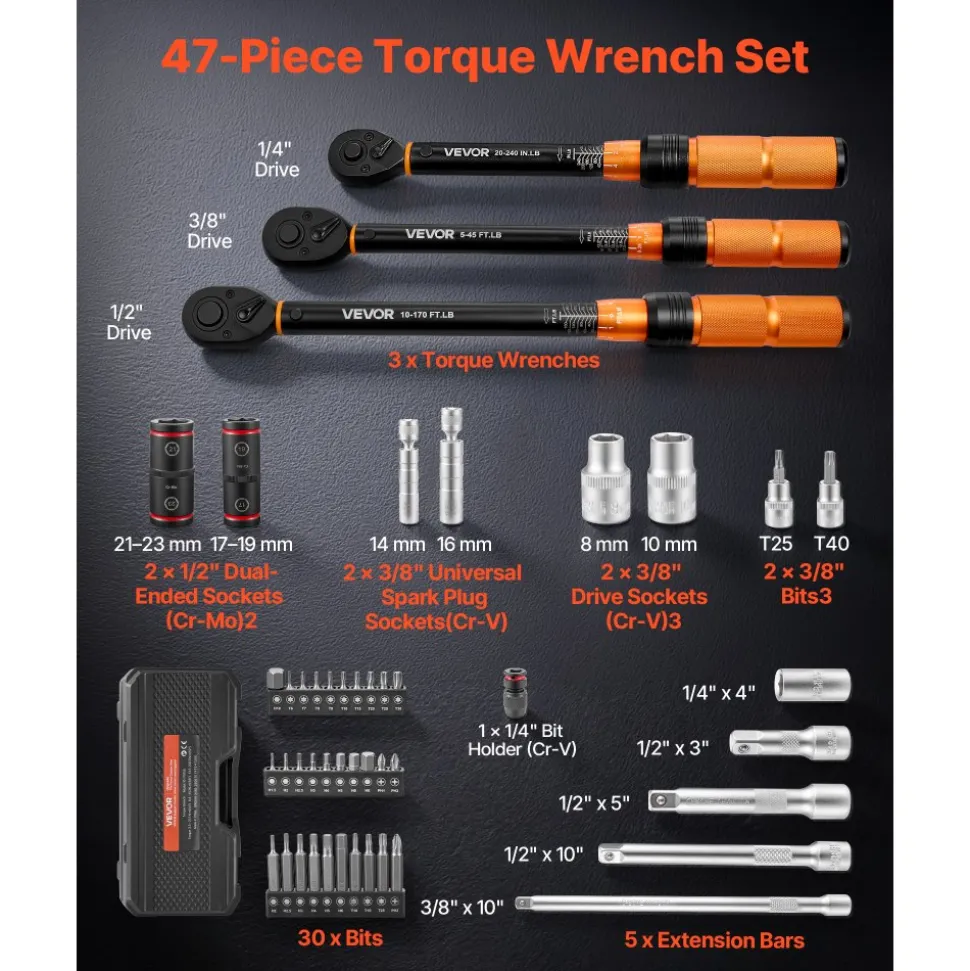VEVOR Torque Wrench Set 1/4" 3/8" 1/2" Drive Click Torque Wrench 47-Piece, Dual Scale Readings, ±3% High Precision, with Spark Plug Sockets, Bits, Extension Bars, Storage Case, for Automotive Repair