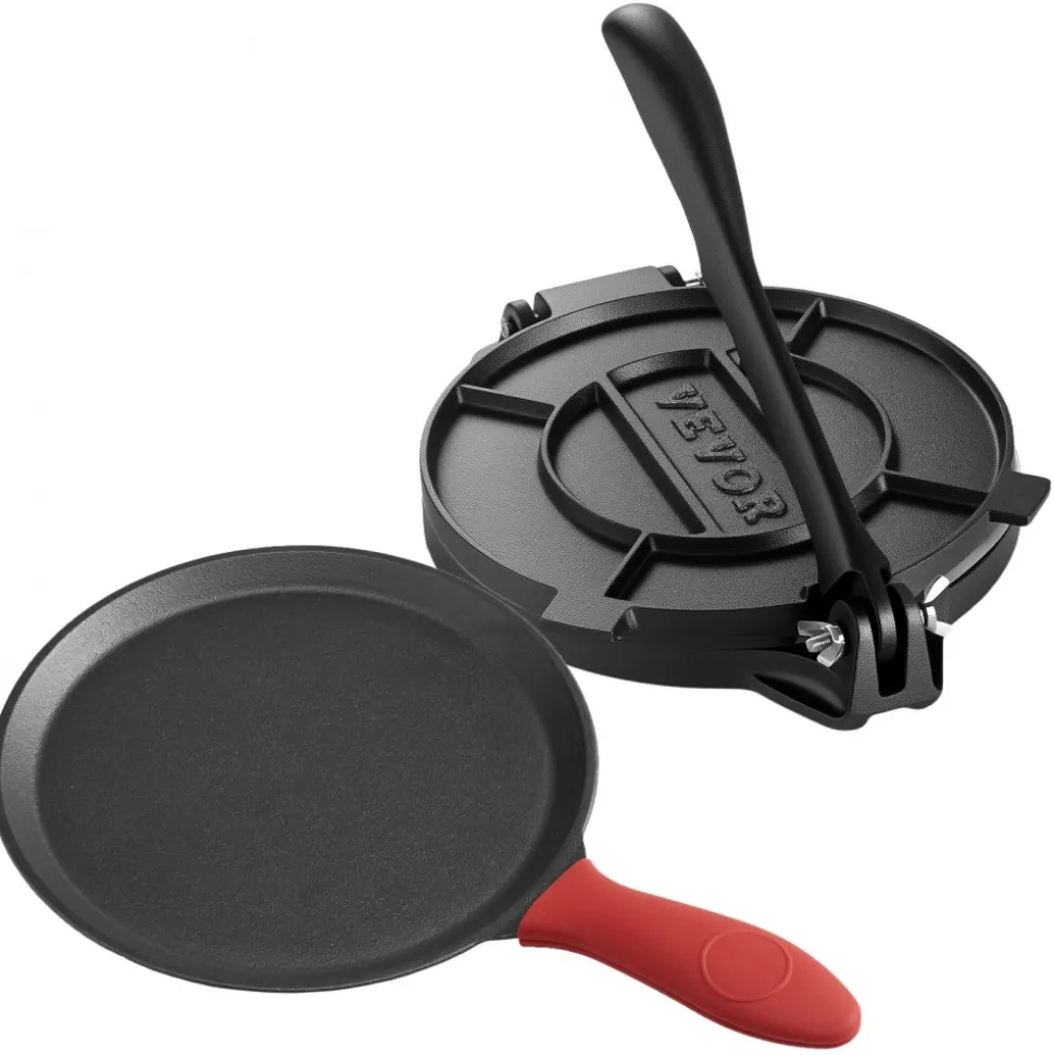 VEVOR Tortilla Press, 10 Inch Cast Iron Tortilla and Roti Maker, Heavy Duty Tortilladora Press, Pataconera Makers with Handle and 100 Pcs Parchment Paper, Dough Taco Press for Flour Tortilla, Tawa