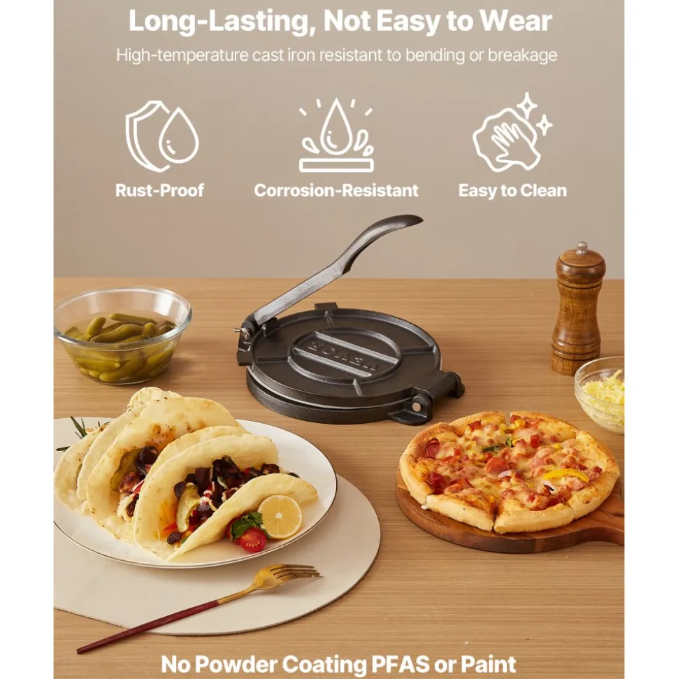 VEVOR Tortilla Press, 10 Inch Cast Iron Tortilla and Roti Maker, Heavy Duty Tortilladora Press, Pataconera Makers with Handle and 100 Pcs Parchment Paper, Dough Taco Press for Flour Tortilla, Tawa