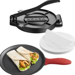 VEVOR Tortilla Press, 10 Inch Cast Iron Tortilla and Roti Maker, Heavy Duty Tortilladora Press, Pataconera Makers with Handle and 100 Pcs Parchment Paper, Dough Taco Press for Flour Tortilla, Tawa