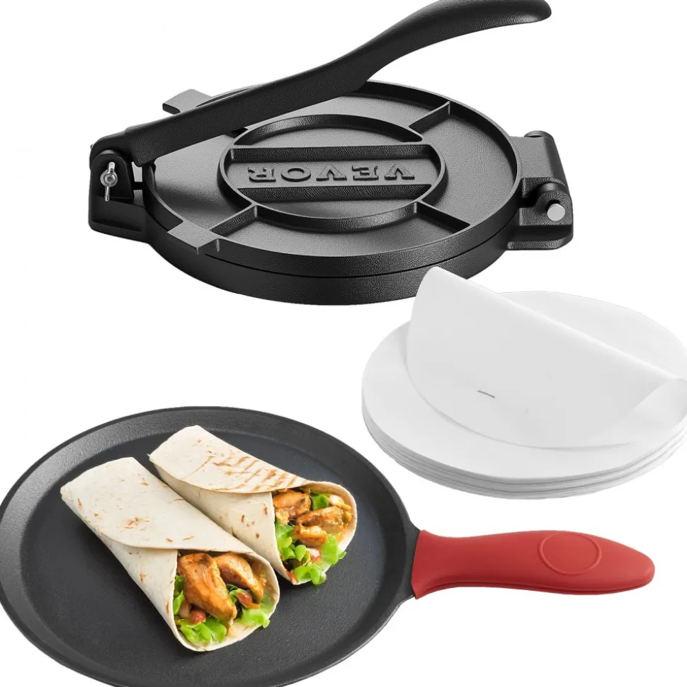 VEVOR Tortilla Press, 10 Inch Cast Iron Tortilla and Roti Maker, Heavy Duty Tortilladora Press, Pataconera Makers with Handle and 100 Pcs Parchment Paper, Dough Taco Press for Flour Tortilla, Tawa