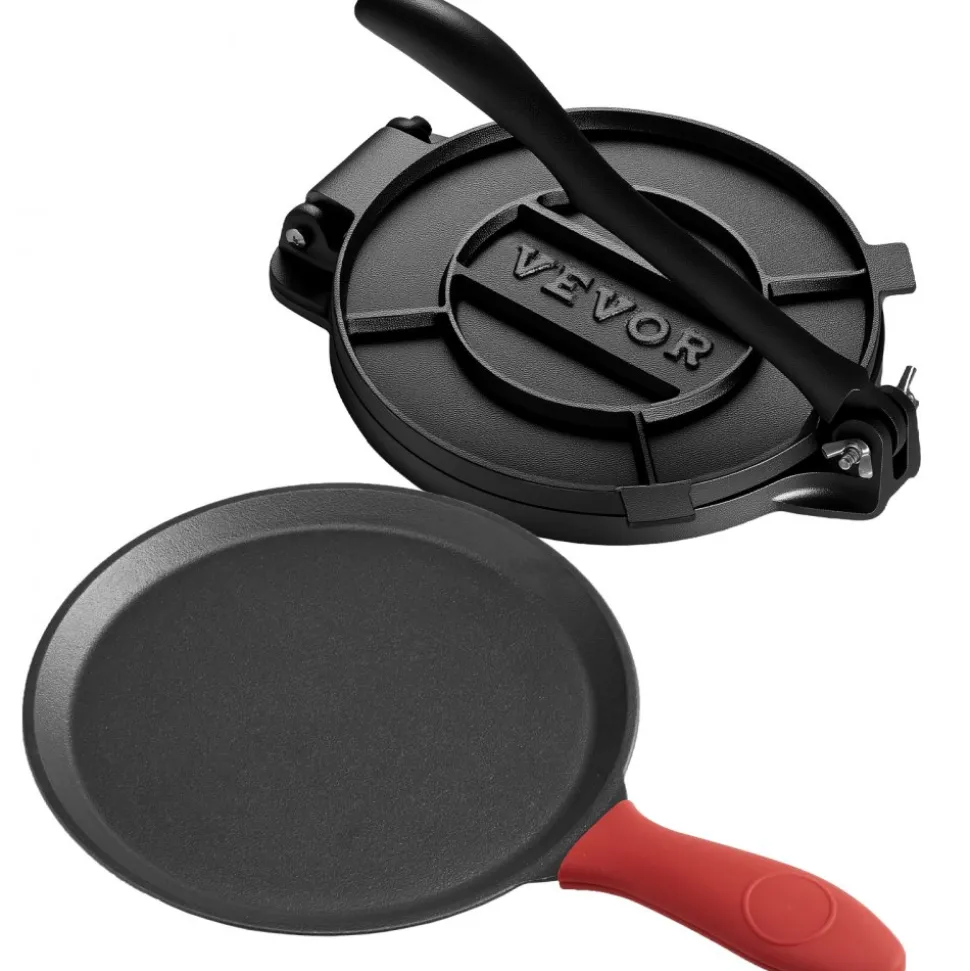 VEVOR Tortilla Press, 10 Inch Cast Iron Tortilla and Roti Maker, Heavy Duty Tortilladora Press, Pataconera Makers with Handle and 100 Pcs Parchment Paper, Dough Taco Press for Flour Tortilla, Tawa