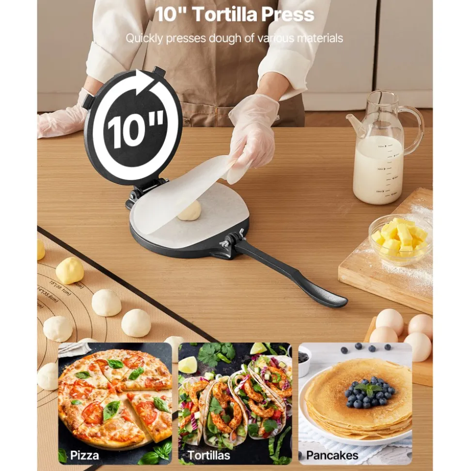 VEVOR Tortilla Press, 10 Inch Cast Iron Tortilla and Roti Maker, Heavy Duty Tortilladora Press, Pataconera Makers with Handle and 100 Pcs Parchment Paper, Dough Taco Press for Flour Tortilla, Tawa