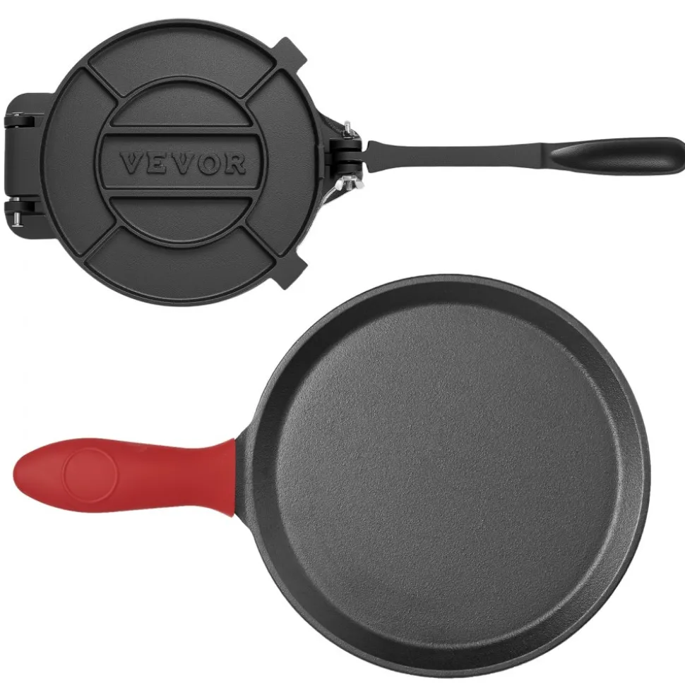 VEVOR Tortilla Press, 10 Inch Cast Iron Tortilla and Roti Maker, Heavy Duty Tortilladora Press, Pataconera Makers with Handle and 100 Pcs Parchment Paper, Dough Taco Press for Flour Tortilla, Tawa