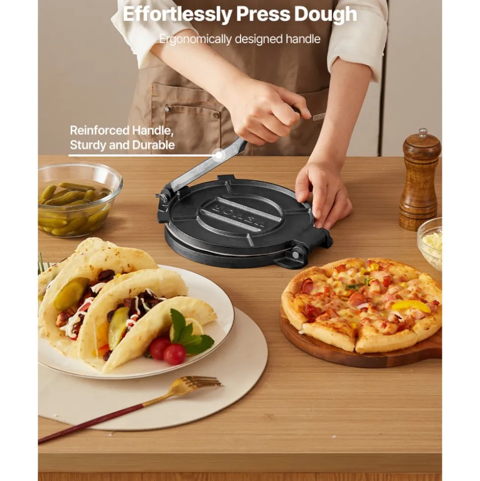 VEVOR Tortilla Press, 10 Inch Cast Iron Tortilla and Roti Maker, Heavy Duty Tortilladora Press, Pataconera Makers with Handle and 100 Pcs Parchment Paper, Dough Taco Press for Flour Tortilla, Tawa