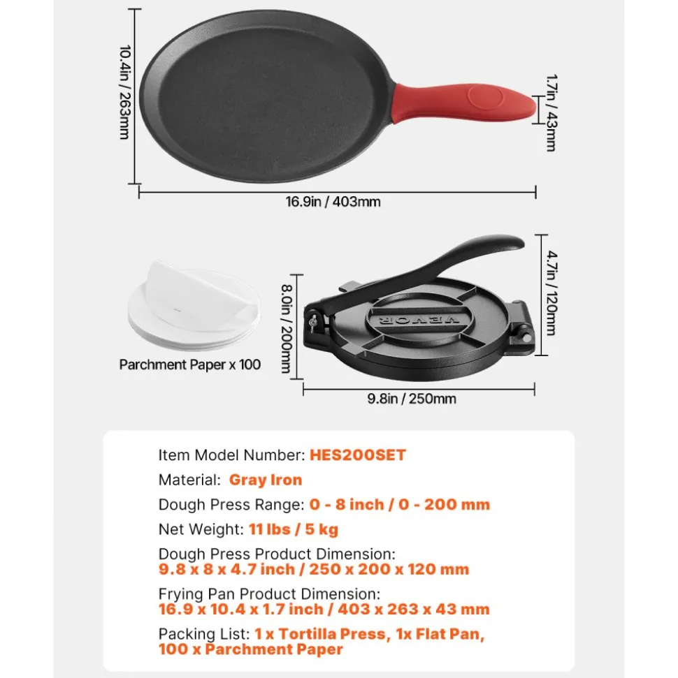 VEVOR Tortilla Press, 8 Inch Cast Iron Tortilla and Roti Maker, Heavy Duty Tortilladora Press, Pataconera Makers with Handle and 100 Pcs Parchment Paper, Dough Taco Press for Flour Tortilla, Tawa