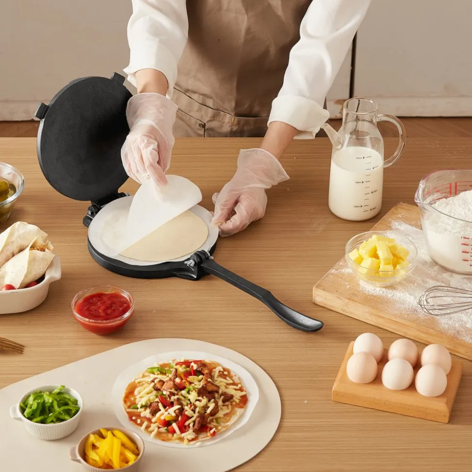 VEVOR Tortilla Press, 8 Inch Cast Iron Tortilla and Roti Maker, Heavy Duty Tortilladora Press, Pataconera Makers with Handle and 100 Pcs Parchment Paper, Dough Taco Press for Flour Tortilla, Tawa