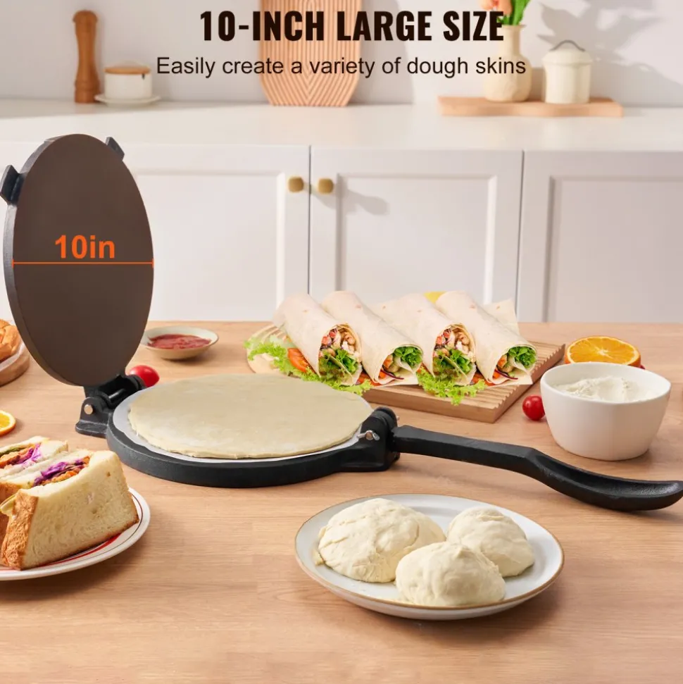VEVOR Tortilla Press, 10 Inch Tortilla and Roti Maker, Cast Iron Heavy Duty Tortilladora Press, Pre-Seasoned Pataconera Maker with 100 Pcs Parchment Paper, Dough Maker for Flour Tortilla, Tawa, Silver