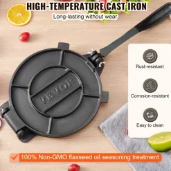 VEVOR Tortilla Press, 10 Inch Tortilla and Roti Maker, Cast Iron Heavy Duty Tortilladora Press, Pre-Seasoned Pataconera Maker with 100 Pcs Parchment Paper, Dough Maker for Flour Tortilla, Tawa, Silver