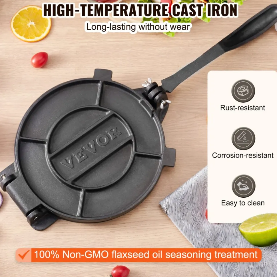 VEVOR Tortilla Press, 10 Inch Tortilla and Roti Maker, Cast Iron Heavy Duty Tortilladora Press, Pre-Seasoned Pataconera Maker with 100 Pcs Parchment Paper, Dough Maker for Flour Tortilla, Tawa, Silver