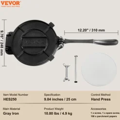 VEVOR Tortilla Press, 10 Inch Tortilla and Roti Maker, Cast Iron Heavy Duty Tortilladora Press, Pre-Seasoned Pataconera Maker with 100 Pcs Parchment Paper, Dough Maker for Flour Tortilla, Tawa, Silver