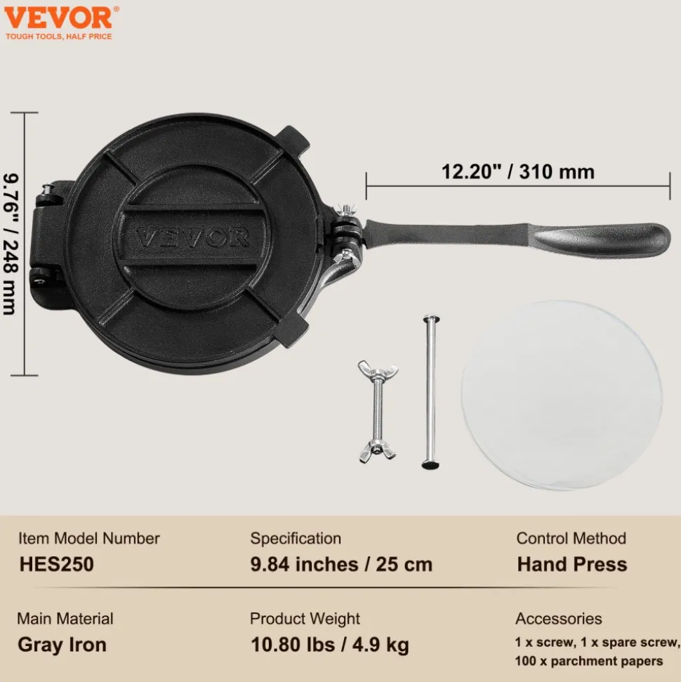 VEVOR Tortilla Press, 10 Inch Tortilla and Roti Maker, Cast Iron Heavy Duty Tortilladora Press, Pre-Seasoned Pataconera Maker with 100 Pcs Parchment Paper, Dough Maker for Flour Tortilla, Tawa, Silver