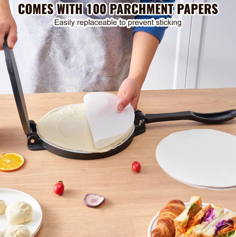 VEVOR Tortilla Press, 10 Inch Tortilla and Roti Maker, Cast Iron Heavy Duty Tortilladora Press, Pre-Seasoned Pataconera Maker with 100 Pcs Parchment Paper, Dough Maker for Flour Tortilla, Tawa, Silver