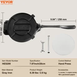 VEVOR Tortilla Press, 8 Inch Tortilla and Roti Maker, Cast Iron Heavy Duty Tortilladora Press, Pre-Seasoned Pataconera Maker with 100 Pcs Parchment Paper, Dough Maker for Flour Tortilla, Tawa, Silver