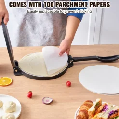 VEVOR Tortilla Press, 8 Inch Tortilla and Roti Maker, Cast Iron Heavy Duty Tortilladora Press, Pre-Seasoned Pataconera Maker with 100 Pcs Parchment Paper, Dough Maker for Flour Tortilla, Tawa, Silver