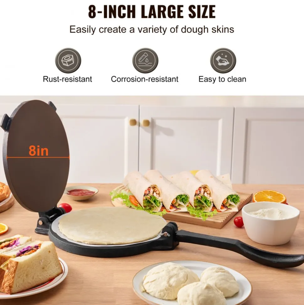 VEVOR Tortilla Press, 8 Inch Tortilla and Roti Maker, Cast Iron Heavy Duty Tortilladora Press, Pre-Seasoned Pataconera Maker with 100 Pcs Parchment Paper, Dough Maker for Flour Tortilla, Tawa, Silver