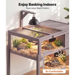 VEVOR Tortoise Habitat 2-Room Wooden Tortoise House with Swivel Casters, for Small Animals Indoor Outdoor, Pull-Out Tray, Lamp Stand, Turtle Enclosure Reptile Cage with Openable Roof, Viewing Window