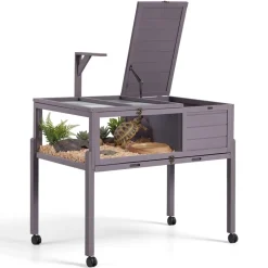 VEVOR Tortoise Habitat 2-Room Wooden Tortoise House with Swivel Casters, for Small Animals Indoor Outdoor, Pull-Out Tray, Lamp Stand, Turtle Enclosure Reptile Cage with Openable Roof, Viewing Window