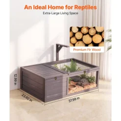 VEVOR Tortoise Habitat 2-Room Wooden Tortoise House with Pull-Out Tray, for Small Animals Indoor Outdoor, Lamp Stand, Large Turtle Enclosure Reptile Cage with Openable Roof, Acrylic Viewing Window