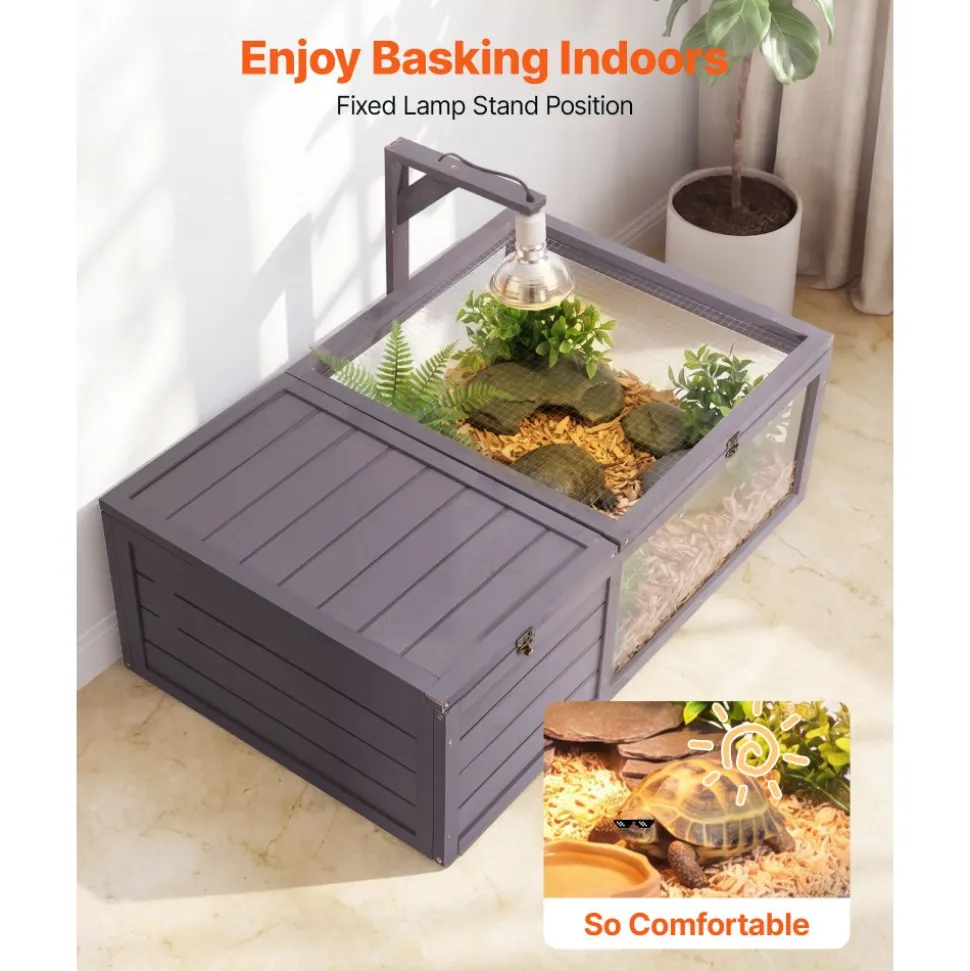VEVOR Tortoise Habitat 2-Room Wooden Tortoise House with Pull-Out Tray, for Small Animals Indoor Outdoor, Lamp Stand, Large Turtle Enclosure Reptile Cage with Openable Roof, Acrylic Viewing Window