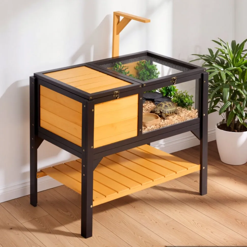 VEVOR Tortoise Habitat 4-Room Wooden Tortoise House with Balcony 2 Stories, for Small Animals Indoor Outdoor, Built-in Ramp, Indoor Large Turtle Enclosure Reptile Cage with Openable Roof, Viewing Area