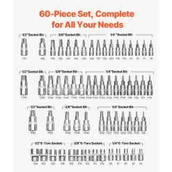 VEVOR Torx Bit Socket and External Torx Socket Set, 60-Piece T6-T70, TT6-TT70, TP8-TP60, E4-E24, S2 Alloy Steel and Cr-V Steel, 1/4 in, 3/8 in, and 1/2 in Drives, with Enhanced Storage Case, Hand Use