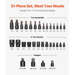 VEVOR Torx Bit Socket and External Torx Socket Set, 31-Piece T8-T70 and E4-E24, S2 Alloy Steel and Cr-V Steel, 1/4 in, 3/8 in, and 1/2 in Drives, with Adapter and Enhanced Storage Case, for Automotive