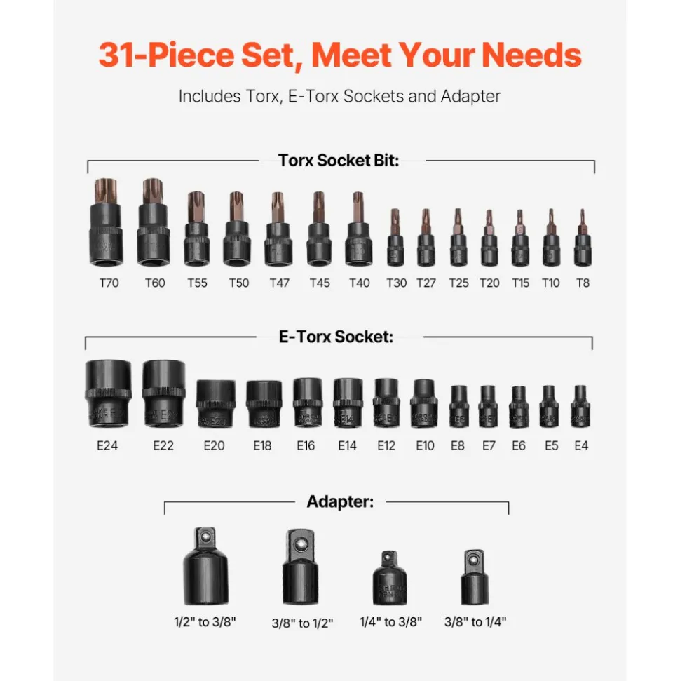 VEVOR Torx Bit Socket and External Torx Socket Set, 31-Piece T8-T70 and E4-E24, S2 Alloy Steel and Cr-V Steel, 1/4 in, 3/8 in, and 1/2 in Drives, with Adapter and Enhanced Storage Case, for Automotive