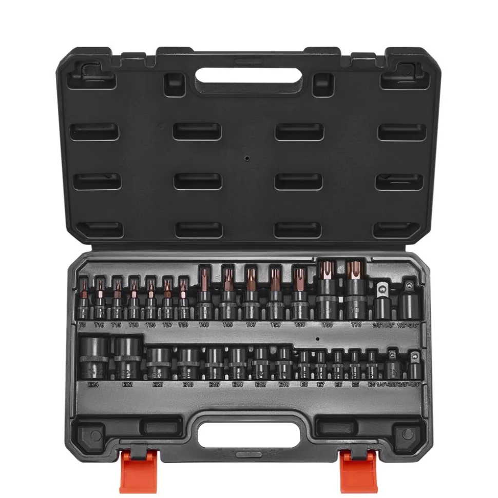 VEVOR Torx Bit Socket and External Torx Socket Set, 31-Piece T8-T70 and E4-E24, S2 Alloy Steel and Cr-V Steel, 1/4 in, 3/8 in, and 1/2 in Drives, with Adapter and Enhanced Storage Case, for Automotive