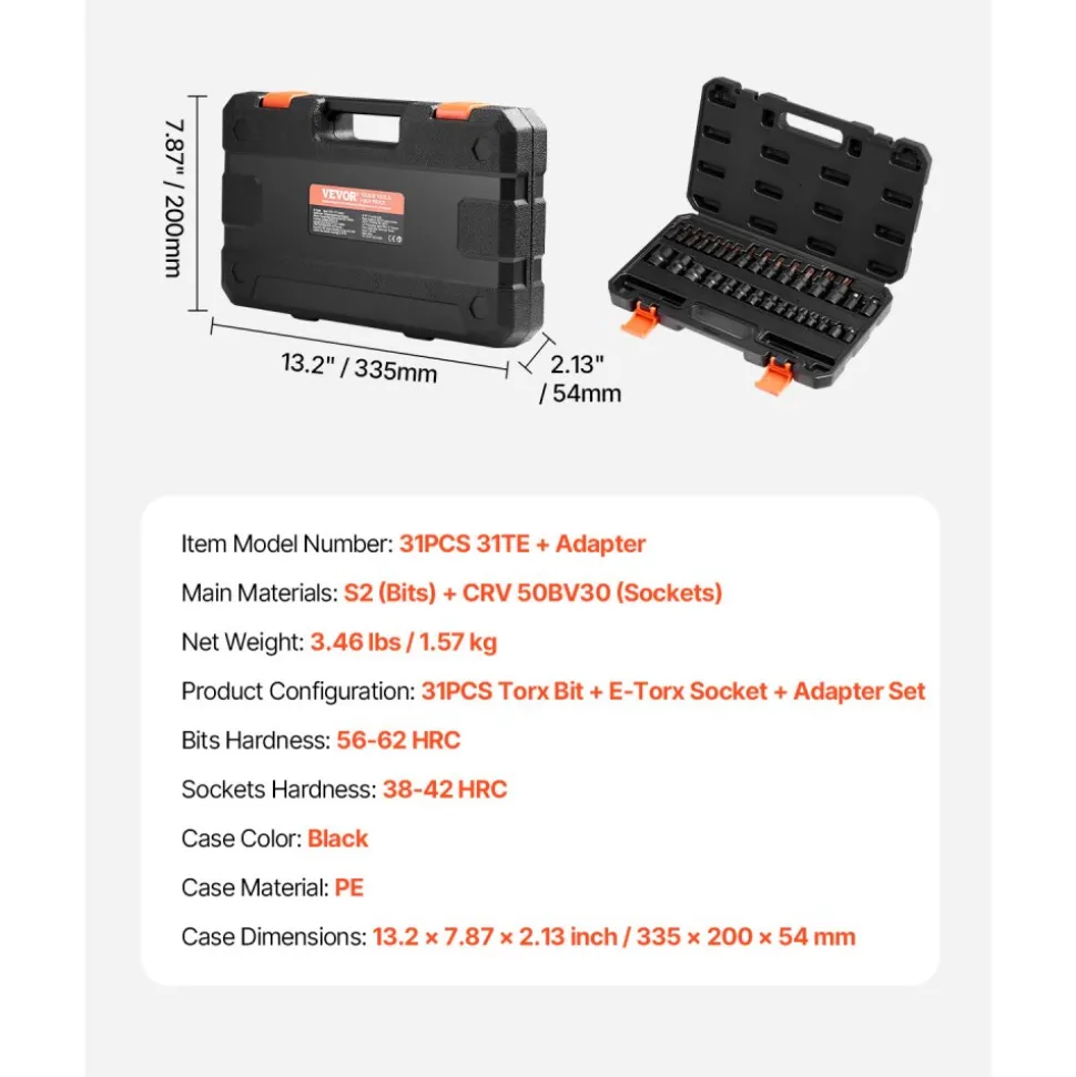 VEVOR Torx Bit Socket and External Torx Socket Set, 31-Piece T8-T70 and E4-E24, S2 Alloy Steel and Cr-V Steel, 1/4 in, 3/8 in, and 1/2 in Drives, with Adapter and Enhanced Storage Case, for Automotive