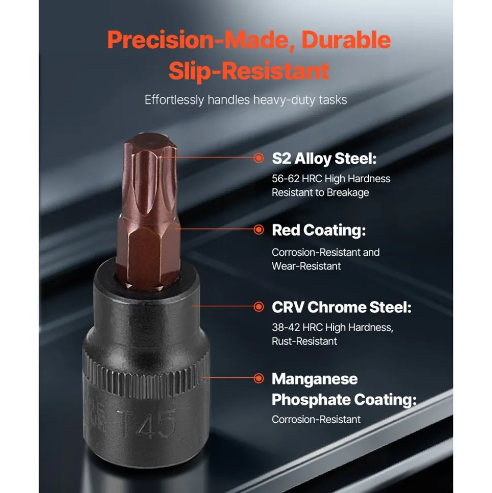 VEVOR Torx Bit Socket and External Torx Socket Set, 31-Piece T8-T70 and E4-E24, S2 Alloy Steel and Cr-V Steel, 1/4 in, 3/8 in, and 1/2 in Drives, with Adapter and Enhanced Storage Case, for Automotive