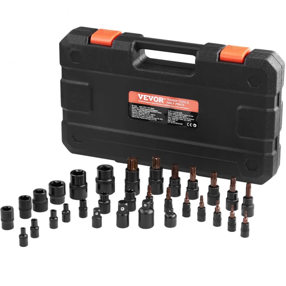 VEVOR Torx Bit Socket and External Torx Socket Set, 31-Piece T8-T70 and E4-E24, S2 Alloy Steel and Cr-V Steel, 1/4 in, 3/8 in, and 1/2 in Drives, with Adapter and Enhanced Storage Case, for Automotive