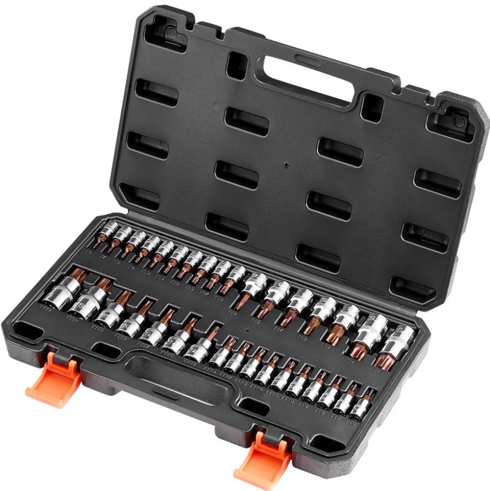 VEVOR Torx Bit Socket Set, 34-Piece Solid Star and Tamper Proof T6-T70, S2 Alloy Steel and Cr-V Steel, 1/4 in, 3/8 in, and 1/2 in Drives, with Enhanced Storage Case, Torx Sockets for Hand Use