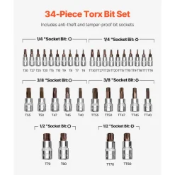 VEVOR Torx Bit Socket Set, 34-Piece Solid Star and Tamper Proof T6-T70, S2 Alloy Steel and Cr-V Steel, 1/4 in, 3/8 in, and 1/2 in Drives, with Enhanced Storage Case, Torx Sockets for Hand Use
