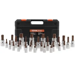 VEVOR Torx Bit Socket Set, 34-Piece Solid Star and Tamper Proof T6-T70, S2 Alloy Steel and Cr-V Steel, 1/4 in, 3/8 in, and 1/2 in Drives, with Enhanced Storage Case, Torx Sockets for Hand Use