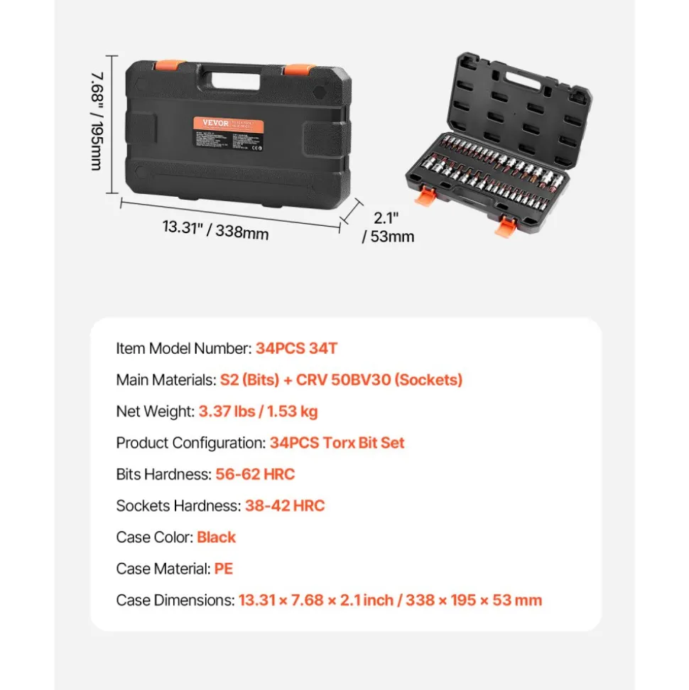 VEVOR Torx Bit Socket Set, 34-Piece Solid Star and Tamper Proof T6-T70, S2 Alloy Steel and Cr-V Steel, 1/4 in, 3/8 in, and 1/2 in Drives, with Enhanced Storage Case, Torx Sockets for Hand Use