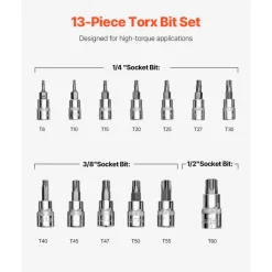 VEVOR Torx Bit Socket Set, 13-Piece Star T8 - T60 Set, S2 Alloy Steel and Cr-V Steel, 1/4 in, 3/8 in, and 1/2 in Drives, with Enhanced Storage Case, Torx Sockets for Hand Use, Mechanics, Auto Repair