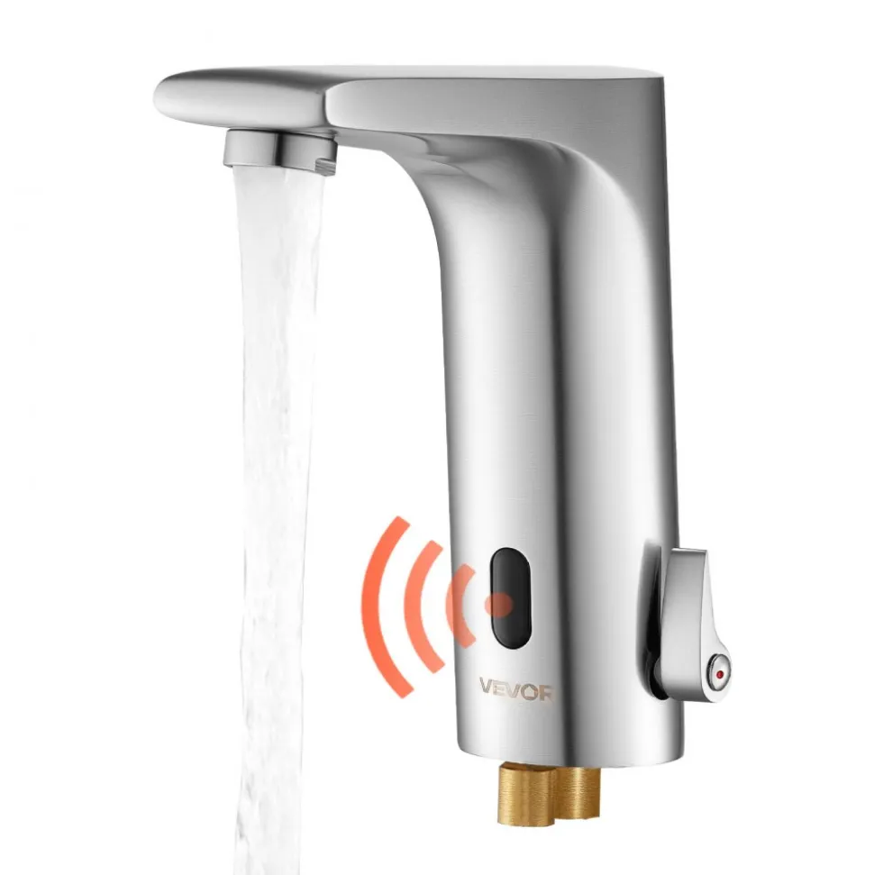 VEVOR Touchless Bathroom Sink Faucet, Automatic Motion Sensor Restroom Toilet Faucet, HandsFree Adjustable Cold Hot Single Handle Water Mixer Battery Operated for 9/16 in Pipe,Brushed Nickel Silver