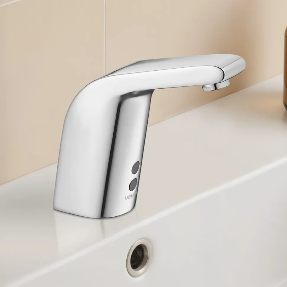 VEVOR Touchless Bathroom Sink Faucet, Automatic Motion Sensor Restroom Toilet Faucet Cold Water with Single Hole, Battery Operated for 9/16 in Pipe Commercial Lavatory,Chrome Plated Silver