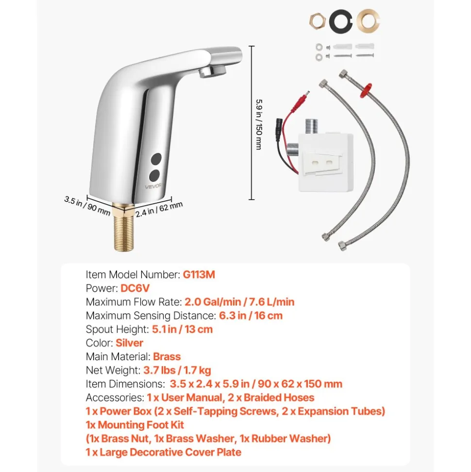 VEVOR Touchless Bathroom Sink Faucet, Automatic Motion Sensor Restroom Toilet Faucet Cold Water with Single Hole, Battery Operated for 9/16 in Pipe Commercial Lavatory,Chrome Plated Silver