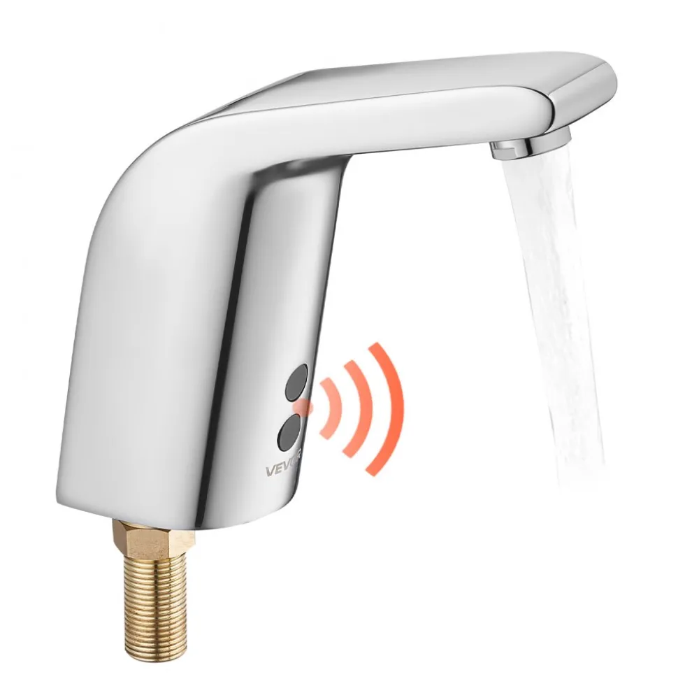 VEVOR Touchless Bathroom Sink Faucet, Automatic Motion Sensor Restroom Toilet Faucet Cold Water with Single Hole, Battery Operated for 9/16 in Pipe Commercial Lavatory,Chrome Plated Silver