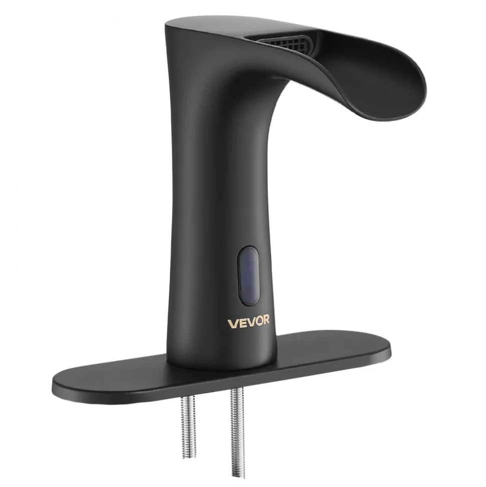 VEVOR Touchless Bathroom Sink Faucet, Automatic Motion Sensor Waterfall Restroom Toilet Faucet with Hole Cover Plate, Modern Electronic Sensor Hot/Cold Water for 9/16 in Pipe Commercial,Matte Black