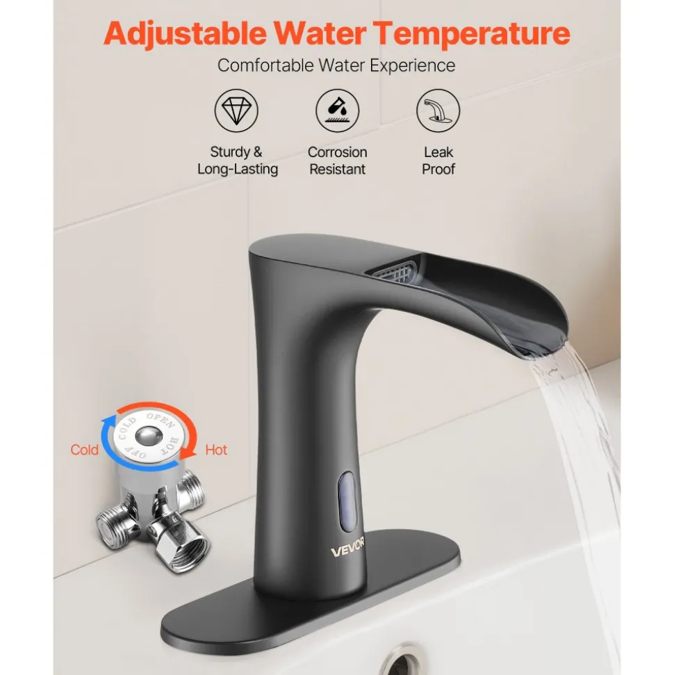 VEVOR Touchless Bathroom Sink Faucet, Automatic Motion Sensor Waterfall Restroom Toilet Faucet with Hole Cover Plate, Modern Electronic Sensor Hot/Cold Water for 9/16 in Pipe Commercial,Matte Black