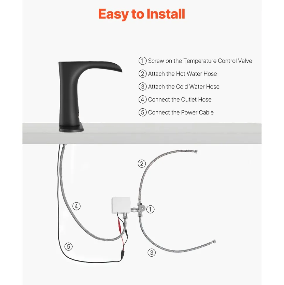 VEVOR Touchless Bathroom Sink Faucet, Automatic Motion Sensor Waterfall Restroom Toilet Faucet with Hole Cover Plate, Modern Electronic Sensor Hot/Cold Water for 9/16 in Pipe Commercial,Matte Black