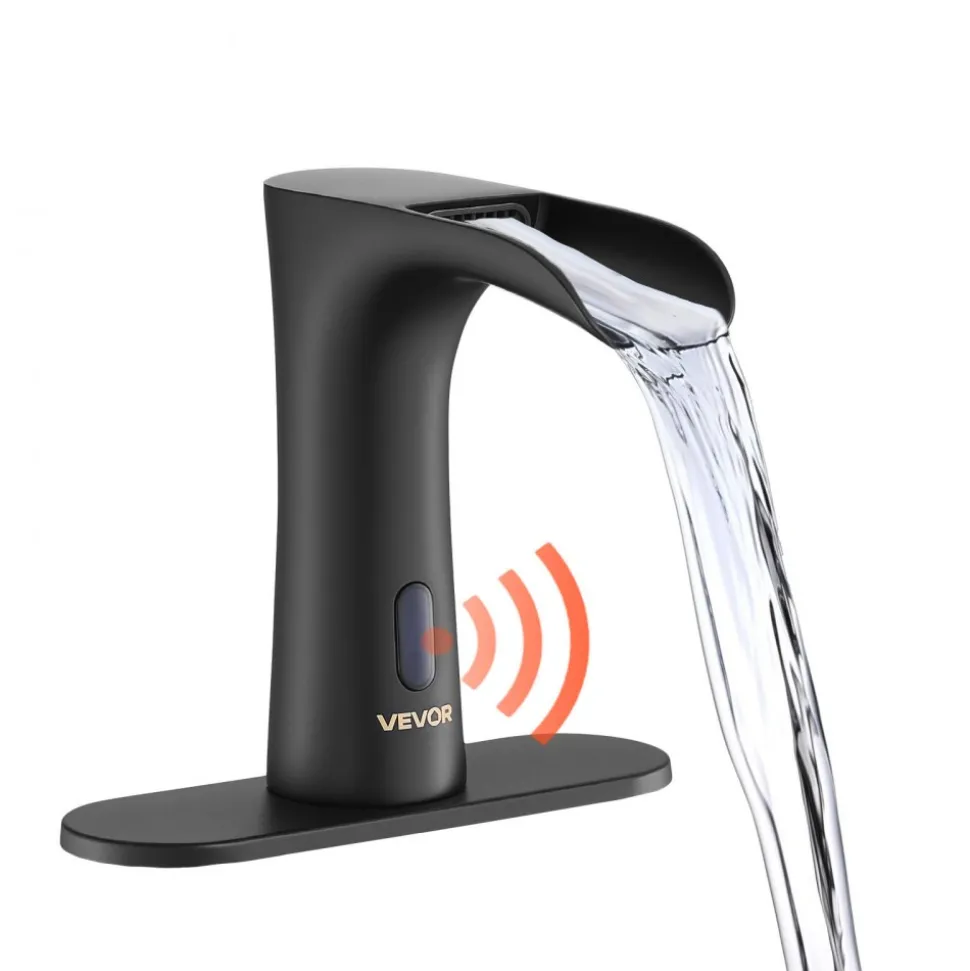 VEVOR Touchless Bathroom Sink Faucet, Automatic Motion Sensor Waterfall Restroom Toilet Faucet with Hole Cover Plate, Modern Electronic Sensor Hot/Cold Water for 9/16 in Pipe Commercial,Matte Black