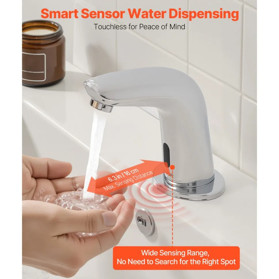VEVOR Touchless Bathroom Sink Faucet, Automatic Motion Sensor Restroom Toilet Faucet Cold Water with Hole Cover Plate, Battery Operated for 9/16 in Pipe Commercial Lavatory,Chrome Plated Silver G112M