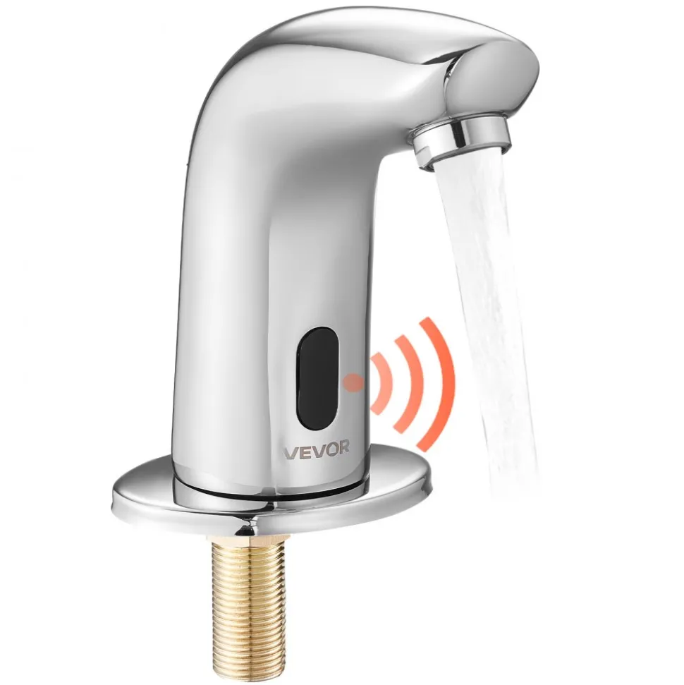 VEVOR Touchless Bathroom Sink Faucet, Automatic Motion Sensor Restroom Toilet Faucet Cold Water with Hole Cover Plate, Battery Operated for 9/16 in Pipe Commercial Lavatory,Chrome Plated Silver G112M