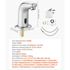 VEVOR Touchless Bathroom Sink Faucet, Automatic Motion Sensor Restroom Toilet Faucet Cold Water with Hole Cover Plate, Battery Operated for 9/16 in Pipe Commercial Lavatory,Chrome Plated Silver G112M
